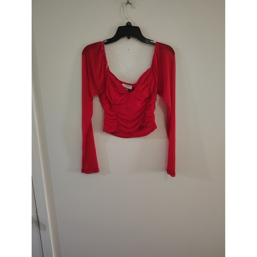 Just Polly New York Red Mesh Ruched Long Sleeve Crop Top Women Large Sweetheart